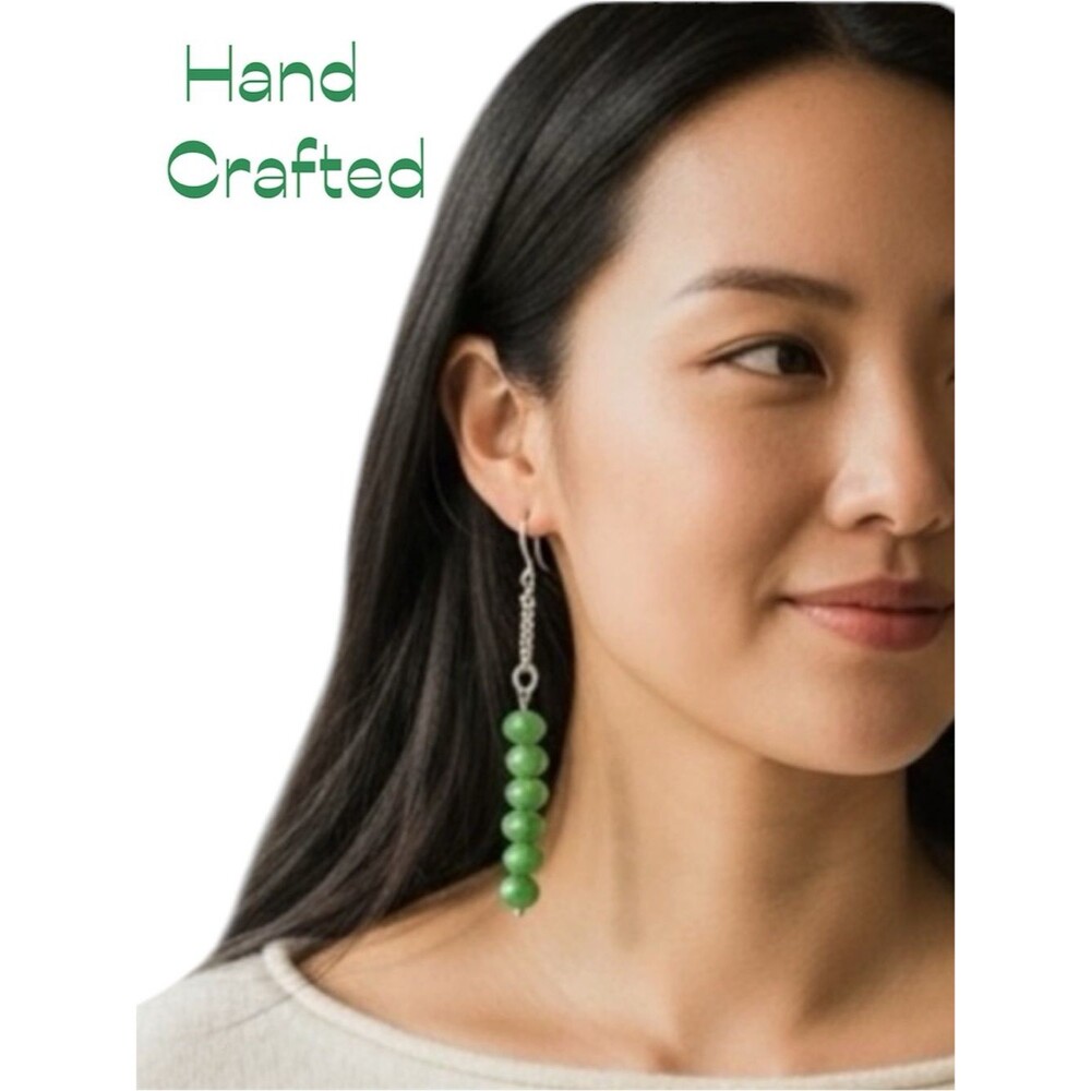 Hand Crafted Dark Green Crystal Beads Chain Dangle Earrings NWT